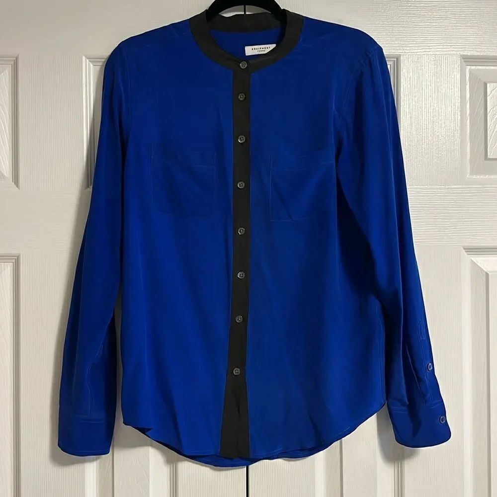 Equipment Women’s Royal Blue with Black Trim Collarless Silk Button Down Blouse